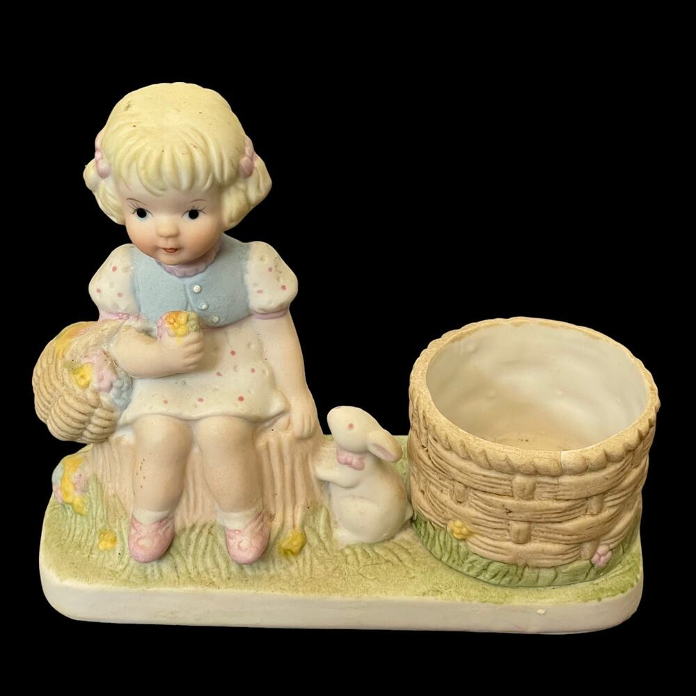 Enesco? Girl Sitting w/ Basket & Rabbit Figurine Candleholder Vtg 1980's Cottage